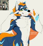  absurd_res anime_eyes anthro blue_body blue_fur fluffy fur gesture green_eyes hi_res japanese_text male nude orange_body orange_fur pose solo terryskaii_(artist) text v_sign 