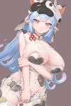  1girl :o animal_ears animal_print blue_hair breast_lift breasts bright_pupils brown_background catura_(granblue_fantasy) choker cleavage covering covering_crotch cow_ears cow_girl cow_hat cow_print crop_top draph earrings granblue_fantasy highleg highleg_panties highres jewelry kntrs_(knyrs) large_breasts long_hair midriff navel open_fly panties see-through short_shorts shorts simple_background skindentation solo thighhighs underwear very_long_hair white_thighhighs wide_hips yellow_eyes 