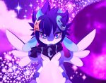  2_horns anthro blue_body blue_hair colorful dragon dusk_(dustfalconmlp) feathered_dragon feathered_wings feathers floppy_ears girly hair horn looking_at_viewer male mostly_nude rudragon scarf scarf_only sitting solo sparkles sparkling_eyes star wings 