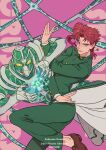  1boy absurdres character_name closed_mouth coat commentary copyright_name green_coat green_pants hierophant_green highres honlo jojo_no_kimyou_na_bouken kakyoin_noriaki long_sleeves looking_at_viewer male_focus pants purple_eyes red_hair school_uniform stand_(jojo) stardust_crusaders 