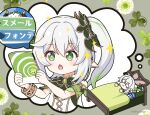  1girl :3 bangs bed closed_eyes closed_mouth commentary_request cross-shaped_pupils dreaming dress fungi_(genshin_impact) genshin_impact green_eyes green_hair grey_background grey_hair hair_between_eyes hands_up holding lying mitya multicolored_hair nahida_(genshin_impact) nilou_(genshin_impact) on_back open_mouth pointing side_ponytail simple_background sparkle streaked_hair symbol-shaped_pupils under_covers white_dress 
