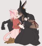  1boy 1girl absurdres aerith_gainsborough aerith_gainsborough_(cosplay) animal_ears arm_ribbon armor avatar_(ff14) bandaid bandaid_on_face bandaid_on_hand black_gloves black_hair black_pants black_shirt bomb_(final_fantasy) boots brown_footwear cat_ears cloud_strife cloud_strife_(cosplay) cosplay couple cropped_jacket dark-skinned_male dark_skin dress earrings eye_contact face-to-face final_fantasy final_fantasy_vii final_fantasy_vii_advent_children final_fantasy_vii_remake final_fantasy_xiv full_body gloves green_eyes hair_between_eyes hair_ribbon hetero highres holding_another&#039;s_wrist jacket jewelry kaka_ff14 kiss kissing_hand kneeling long_dress long_hair looking_at_another medium_hair miqo&#039;te pale_skin pants pink_dress pink_hair pink_ribbon rabbit_ears red_eyes red_jacket red_ribbon ribbon seiza shirt short_sleeves shoulder_armor sitting sleeveless sleeveless_shirt tail viera 