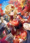  1girl absurdres autumn_leaves blonde_hair braid breasts cityscape copyright_request flower furoshiki green_eyes hair_flower hair_ornament highres holding_hands japanese_clothes kimono kuria_(clear_trip_second) large_breasts novel_illustration official_art open_mouth red_kimono single_braid umbrella yukishiro_arisa 