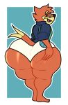  2022 absurd_res anthro big_butt biped buizel butt clothed clothing digital_media_(artwork) eyewear generation_4_pokemon glasses hand_on_butt hi_res huge_butt male nintendo pokemon pokemon_(species) purplebubble rear_view simple_background smile solo thick_thighs topwear underwear video_games wide_hips 
