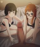  1boy 2girls black_hair bra breasts censored ffm_threesome flustered glasses group_sex highres keihh looking_at_penis mosaic_censoring multiple_girls niijima_makoto on_bed orange_hair panties persona persona_5 purple_hair red_eyes sakura_futaba short_hair signature threesome underwear 