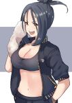  1girl :d absurdres bangs black_hair black_jacket black_pants blush breasts brown_eyes cleavage commentary_request dendra_(pokemon) dyson_(edaokunnsaikouya) eyebrows_hidden_by_hair grey_background hand_in_own_hair hand_up highres holding holding_towel jacket looking_away medium_breasts navel open_clothes open_jacket pants parted_bangs pokemon pokemon_(game) pokemon_sv ponytail puffy_short_sleeves puffy_sleeves short_sleeves smile solo sweat teeth towel two-tone_background upper_teeth_only v-shaped_eyebrows white_background 