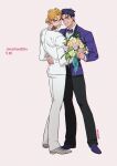  2boys absurdres black_nails black_pants blonde_hair blue_eyes blue_hair blush bouquet bow bowtie character_name commentary couple dated dio_brando earrings flower flower_in_mouth full_body grin hand_on_another&#039;s_waist happy highres holding_hands honlo husband_and_husband jacket jewelry jojo_no_kimyou_na_bouken jonathan_joestar long_sleeves looking_at_viewer male_focus medium_hair mouth_hold multiple_boys pants purple_jacket red_eyes red_flower red_rose ring rose shirt shoes short_hair smile standing wedding_ring white_footwear white_jacket white_pants white_shirt yaoi yellow_flower 