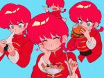  blue_background blue_eyes burger chinese_clothes closed_eyes dumpling eating food heart ice_cream jpeg_artifacts open_mouth ranma-chan ranma_1/2 red_hair sanamaru_(sana79261827) simple_background variations 