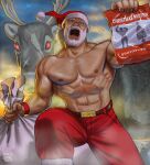  1boy 2022 bag beard belt blue_eyes christmas english_text facial_hair hat holding holding_bag looking_at_viewer male_focus matataku muscular muscular_male navel nose old old_man open_mouth original pants red_pants reindeer running santa_claus santa_hat shouting surprised_cat_(matataku) topless_male veins veiny_arms whey_protein_powder white_hair 