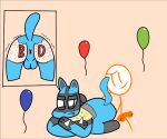  balloon birthday blue bodily_fluids cum duo generation_4_pokemon genital_fluids hollownos humanoid inflatable lucario male male/male nintendo orange pokemon pokemon_(species) smug video_games 