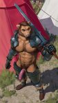  abs absurd_res anthro armor bear big_penis body_hair boots chest_hair claymore clothed clothing ear_piercing ear_ring facial_hair footwear gauntlets genital_piercing genitals gloves half-erect handwear henry_harris_baxter hi_res male mammal mickey_the_retriever mostly_nude muscular muscular_male mustache nipple_piercing nipple_ring nipples pauldron pecs penis penis_piercing piercing prince_albert_piercing pubes ring_piercing sideburns solo tent topless topless_male unconvincing_armor 