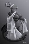  anthro biped breasts dragon eztp fangs female genitals green_eyes grey_body grey_scales hi_res horn navel nipples non-mammal_breasts pussy reptile scales scalie silk solo 