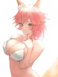  1girl animal_ear_fluff animal_ears bangs bare_arms bare_shoulders bikini bikini_top_only blush breasts brown_eyes cleavage closed_mouth fate/extra fate_(series) fox_ears fox_girl fox_tail hands_on_own_chest hands_up highres large_breasts looking_at_viewer navel otsukemono pink_hair short_hair simple_background smile solo stomach swimsuit tail tamamo_(fate) tamamo_no_mae_(fate/extra) upper_body white_background 