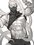  1boy abs bara biceps clothes_lift clothes_pull covered_eyes greyscale highres male_focus manboobs manly mask mature_male monochrome mouth_mask muscular muscular_male navel nipples overwatch overwatch_1 pants pants_pull pectorals scar shirt_lift short_hair simple_background soldier:_76_(overwatch) solo spiked_hair tank_top tentacles thick_arms tight upper_body white_background won_(won_uom) 