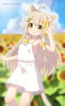  1girl absurdres ahoge animal_ear_fluff animal_ears arm_up armpits artist_name bangs bare_shoulders blue_sky blurry blurry_background blush bow brown_hair cat_ears cat_girl cat_tail cloud collarbone commentary_request day dress field fish_hair_ornament flat_chest flower flower_field green_eyes hair_bow hair_ornament hairclip hand_up happy hazakura_hinata heterochromia highres long_hair looking_at_viewer open_mouth original outdoors shiny shiny_hair short_dress sidelocks signature sky sleeveless sleeveless_dress smile solo spaghetti_strap standing sunflower tail waving white_dress yellow_bow yellow_eyes yellow_flower 