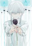  1boy absurdres bangs blood blood_bag closed_mouth collared_shirt flower grey_eyes highres holding holding_flower iei000 intravenous_drip long_sleeves looking_at_viewer medium_hair original shirt solo upper_body white_background white_hair white_shirt 