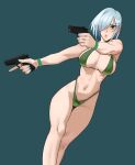  1girl bangs bare_shoulders bikini breasts dual_wielding feet_out_of_frame finger_on_trigger fiona_frost green_bikini gun hair_over_one_eye handgun heart heart-shaped_pupils highleg highres holding holding_gun holding_weapon hong_doo korean_commentary large_breasts nail_polish navel open_mouth parted_lips short_hair simple_background solo spy_x_family standing swimsuit symbol-shaped_pupils trigger_discipline weapon white_hair wristband 