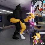  1:1 alexthewolf1337 anthro armwear bandai_namco black_body black_fur bridal_gauntlets canid canine canis clothing digimon digimon_(species) duo entwined_tails female from_behind_position fur hi_res knot male male/female mammal renamon sex tail_coil tongue tongue_out video_games white_body white_fur wolf yellow_body yellow_fur 