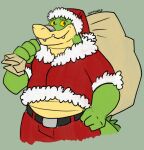  2022 alligator alligatorid anthro brok_(character) brok_the_investigator christmas christmas_clothing christmas_headwear clothing crocodilian green_body hat headgear headwear hi_res holidays humanoid_hands male reptile santa_claus santa_hat scalie simple_background slightly_chubby solo unsafescapewolf video_games 