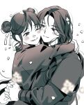  2girls black_hair blush character_request cheek-to-cheek closed_mouth danggwadandg double_bun falling_petals hair_bun hair_tie heads_together hug long_hair looking_at_another monochrome multiple_girls open_mouth own_hands_clasped own_hands_together petals return_of_the_mount_hua_sect sash smile uniform upper_body white_background yu_iseol_(return_of_the_mount_hua_sect) 