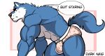  2022 abs absurd_res anthro artist_name barazoku bent_over big_bulge big_muscles bodily_fluids bulge canid canine canis clothed clothing darknaigart deltoids dialogue english_text eyebrows frown fur hi_res huge_muscles male mammal muscular muscular_anthro muscular_male narrowed_eyes pecs side_view simple_background solo sweat talking_to_viewer text text_on_clothing text_on_underwear thick_thighs topless topless_anthro topless_male triceps tuft underwear wolf 