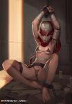  1girl adepta_sororitas bangs barefoot black_bra black_panties bra breasts chain chained cleavage cuffs grey_eyes handcuffs medium_breasts paid_reward_available panties pinup_(style) purity_seal red_hood sgt_lonely short_hair sister_repentia slave solo thigh_strap underwear warhammer_40k white_hair 