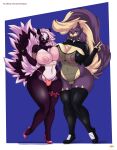  absurd_res anthro anthrofied big_breasts breasts clothed clothing deadpliss digital_media_(artwork) duo female footwear fur generation_4_pokemon genitals hair hi_res high_heels ipan leggings legwear lingerie looking_at_viewer mammal mephitid nikita_orlov_(jenkinsc37) nintendo nipples pokemon pokemon_(species) pokemorph purple_body purple_fur pussy shoes simple_background skuntank smile sneakers stunky tatianna_orlov_(jenkinsc37) text translucent translucent_clothing url video_games wide_hips 