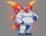  2022 ancient_pokemon anthro arm_tuft arthropod barazoku belly_tuft blue_body blue_skin chest_tuft deliverymutt diamond_(marking) dipstick_wings elbow_tuft eyebrows full-length_portrait fur generation_9_pokemon grey_background hi_res horn male markings neck_tuft nintendo nipples nude overweight overweight_male paradox_pokemon pecs pokemon pokemon_(species) portrait red_body red_wings shadow simple_background slither_wing solo spiked_tail spikes spikes_(anatomy) standing thick_eyebrows tuft video_games white_body white_fur wing_markings wings yellow_wings 