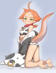  1girl absurdres ahoge animal_collar animal_costume animal_print bare_shoulders bell blush collar commentary_request cow_costume cow_print cowbell feet forehead frown full_body green_eyes highres kneeling linea-chan_(owasaki) lizard_tail looking_at_viewer neck_bell open_clothes orange_hair original owasaki panties pointy_ears puckered_lips short_hair simple_background solo sports_bra tail toes tomboy twisted_torso underwear v-shaped_eyebrows 