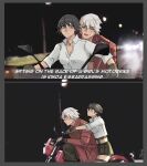  1boy 1girl black_hair chest_belt collared_shirt dante_(devil_may_cry) devil_may_cry_(series) devil_may_cry_3 driving heterochromia highres jumpoon lady_(devil_may_cry) meme on_motorcycle open_mouth road shirt short_hair sitting_on_the_back_of_a_girl&#039;s_motorbike_is_kind_of_embarrasing..._(meme) sweat white_hair white_shirt 