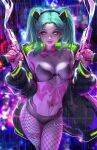  1girl :p artificial_eye artist_name black_bra black_jacket black_panties blurry blurry_background bra breasts colored_sclera colored_skin contrapposto cowboy_shot cyberpunk_(series) cyberpunk_edgerunners dual_wielding green_hair gun handgun hands_up highres holding holding_weapon jacket leg_tattoo liang_xing long_hair looking_at_viewer mechanical_eye neck_tattoo neon_lights open_clothes open_jacket outdoors panties patreon_username rebecca_(cyberpunk) red_eyes red_sclera samurai_jacket_(cyberpunk) signature small_breasts smoke smoking_gun solo standing stomach_tattoo straight-on tattoo tongue tongue_out twintails underwear weapon web_address white_skin 