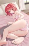  1girl absurdres ass bare_legs barefoot bra breasts brown_eyes commission feet foreshortening girls&#039;_frontline highres looking_at_viewer looking_back mp7_(girls&#039;_frontline) no_shoes on_bed panties pink_bra pink_panties red_hair rynzfrancis soles solo toes twitter_username underwear underwear_only window 