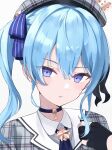  1girl absurdres ascot bangs beret black_gloves blue_ascot blue_eyes blue_hair choker close-up collared_shirt commentary dot_nose gloves grey_headwear grey_shirt hair_between_eyes hat highres hololive hoshimachi_suisei light_blue_hair looking_at_viewer norio_(noriosub) parted_lips partially_fingerless_gloves plaid plaid_headwear plaid_shirt profile shirt side_ponytail simple_background solo star_(symbol) star_choker star_in_eye symbol_in_eye virtual_youtuber white_background 