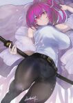  1girl bare_shoulders belt breasts hair_intakes hair_ribbon highres holding holding_sword holding_weapon jacket katana kojima_(blue_stardust) large_breasts long_hair pants ponytail purple_hair ribbon smile solo sweater sword turtleneck turtleneck_sweater under_night_in-birth under_night_in-birth_exe:late[st] weapon yuzuriha_(under_night_in-birth) 