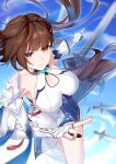  1girl absurdres bangs blue_sky breasts brown_eyes brown_hair china_dress chinese_clothes cleavage cleavage_cutout closed_mouth clothing_cutout cloud cloudy_sky dress elbow_gloves fingerless_gloves gloves hair_ornament hamilundenongdizhe highres honkai_(series) honkai_impact_3rd large_breasts li_sushang li_sushang_(jade_knight) long_hair looking_at_viewer sky smile solo sword weapon white_dress white_gloves 