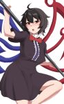  asymmetrical_wings black_dress black_hair blue_wings bow bowtie bulge bunsuirei dress erection erection_under_clothes futanari highres houjuu_nue huge_penis penis polearm red_bow red_bowtie red_eyes red_wings short_hair solo touhou trident undefined_fantastic_object weapon wings 