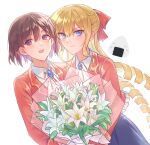  2girls blonde_hair blue_eyes bouquet bow brown_eyes brown_hair drill_hair flower hair_bow highres holding holding_bouquet jacket lily_(flower) long_hair long_sleeves multiple_girls raeclairex red_bow red_jacket school_uniform short_hair smile watashi_no_oshi_wa_akuyaku_reijou white_lily 