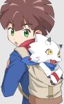  anthro backpack bandai_namco brown_hair digimon digimon_(species) digimon_ghost_game duo gammamon gammamon_(ghost_game) green_eyes hair hiro_amanokawa human male mammal sakana_kome yellow_eyes 