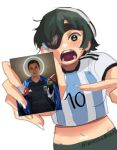  1boy 2022_fifa_world_cup argentina blush chainsaw_man cropped_shirt emiliano_martinez eyepatch green_eyes halo himeno_(chainsaw_man) jesus looking_at_viewer lowres masshumaro open_mouth pointing shirt simple_background smile striped striped_shirt twitter_username white_background world_cup 
