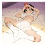  1boy bandaid bandaid_on_face black_hair blue_eyes blush highres holding holding_phone kneehighs luye_yuan lying male_focus navel nipples on_back on_bed original phone shirt short_hair shorts socks solo sportswear spread_legs thighs uniform white_shirt white_shorts white_socks 