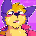  animated anthro bodily_fluids canid canine canis clothing coyote cum cum_in_mouth cum_inside cum_on_face digital_media_(artwork) fizzyjay fur genital_fluids jay_(fizzyjay) low_res male mammal open_mouth pixel_(artwork) pixel_animation short_playtime simple_background solo 