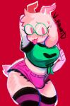  &lt;3 ambiguous_gender anthro blush bodily_fluids bottomwear bovid bulge caprine chest_tuft clothing crop_top cutoffs daisy_dukes darkner deltarune denim denim_clothing eyelashes eyewear fur glasses green_clothing green_shirt green_topwear head_tuft horn hotpants legwear mammal minishorts pink_bottomwear pink_clothing pink_horn pink_shorts portrait ralsei rawr red_background shirt shorts signature simple_background solo sweat thick_thighs thigh_highs three-quarter_portrait tied_shirt tongue tongue_out topwear tuft undertale_(series) v_rawr video_games white_body white_fur 