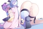  1girl all_fours blue_thighhighs commentary cum cum_in_pussy english_commentary from_behind hot_vr iono_(pokemon) long_hair looking_at_viewer multicolored_hair no_panties patreon_username pink_eyes pink_hair pokemon pokemon_(game) pokemon_sv pussy single_thighhigh solo thighhighs two-tone_hair uncensored 