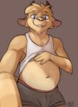  anthro beard belly black_eyes bovid boxers_(clothing) camera caprine clothed clothing clothing_lift facial_hair front_view goat hi_res holding_camera holding_object horn looking_at_viewer male mammal muscular muscular_male navel selfie shaded shirt shirt_lift simple_background slightly_chubby soft_belly soft_shading solo tan_body tank_top topwear underwear wonivero 