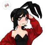  1girl absurdres animal_ears arm_up bangs black_hair black_leotard bow bowtie breasts chainsaw_man detached_collar fake_animal_ears gurumo_(twitter) hair_ornament hairclip hand_to_head higashiyama_kobeni highres jacket leotard looking_at_viewer mole mole_under_eye mole_under_mouth playboy_bunny rabbit_ears red_bow red_bowtie red_jacket short_ponytail simple_background single_sidelock small_breasts solo strapless strapless_leotard sweat thought_bubble white_background 