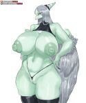  anthro big_breasts breasts clothing fang_(gvh) feathered_wings feathers female genitals girlsay goodbye_volcano_high hi_res huge_breasts legwear nipples pterosaur pussy pussy_floss reptile scalie solo thick_thighs thigh_highs wings 