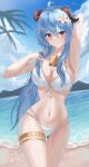  1girl absurdres arm_up armpits bangs bare_arms bare_shoulders beach bikini blue_hair blue_sky blush breasts cleavage cloud commentary cowboy_shot day flower ganyu_(genshin_impact) genshin_impact hair_between_eyes hair_flower hair_ornament highres horns ien_(to_yen) large_breasts long_hair looking_at_viewer navel purple_eyes side-tie_bikini_bottom sky solo standing stomach swimsuit thighlet thighs very_long_hair white_bikini white_flower 