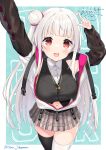  absurdres arms_up bangs black_thighhighs breasts crop_top grey_hair hair_bun highres jacket large_breasts long_hair looking_at_viewer navel ochinsama open_mouth original partially_unzipped pleated_skirt red_eyes skirt smile thighhighs white_hair white_thighhighs 