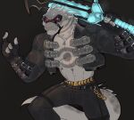  anthro bottomwear clothing crocodile crocodilian crocodylid daylon_(dislyte) dislyte fangs fingerless_gloves gloves handwear holding_object holding_sword holding_weapon male mask melee_weapon pants quetza red_eyes reptile scalie sealed_mouth solo spikes straps sword topwear vest weapon 