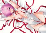  1girl bangs bed_sheet blush breasts cleavage clothing_cutout fate/grand_order fate_(series) hair_over_one_eye highres large_breasts leotard looking_at_viewer lying mash_kyrielight navel navel_cutout on_back open_mouth pink_hair purple_eyes solar_(happymonk) solo thighhighs white_leotard white_thighhighs 